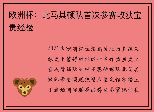 欧洲杯：北马其顿队首次参赛收获宝贵经验